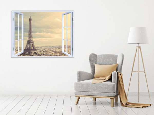 Quadro Finestra parigi Torre Eiffel 100x75 cm Stampa su Tela con Telaio in Legno Arredamento Arte Arredo Moderno - Made in Italy