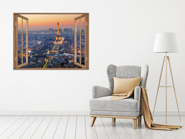 Quadro Finestra parigi Torre Eiffel 100x75 cm Stampa su Tela con Telaio in Legno Arredamento Arte Arredo Moderno - Made in Italy