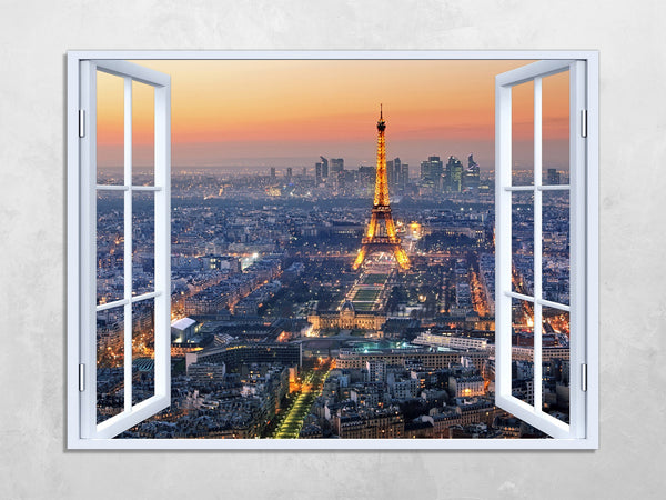 Quadro Finestra parigi Torre Eiffel 100x75 cm Stampa su Tela con Telaio in Legno Arredamento Arte Arredo Moderno - Made in Italy