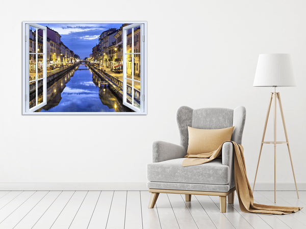 Quadro Finestra milano navigli 100x75 cm Stampa su Tela con Telaio in Legno Arredamento Arte Arredo Moderno - Made in Italy