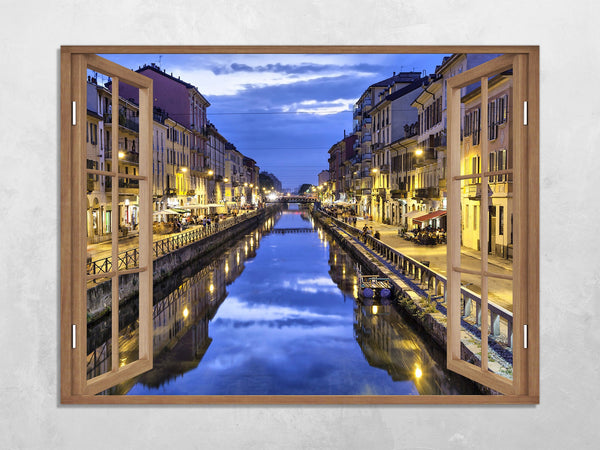 Quadro Finestra milano navigli 100x75 cm Stampa su Tela con Telaio in Legno Arredamento Arte Arredo Moderno - Made in Italy