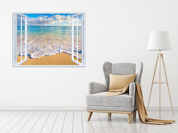 Quadro Finestra paesaggio mare spiaggia 100x75 cm Stampa su Tela con Telaio in Legno Arredamento Arte Arredo Moderno - Made in Italy