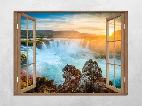 Quadro Finestra paesaggio cascate tramonto 100x75 cm Stampa su Tela con Telaio in Legno Arredamento Arte Arredo Moderno - Made in Italy