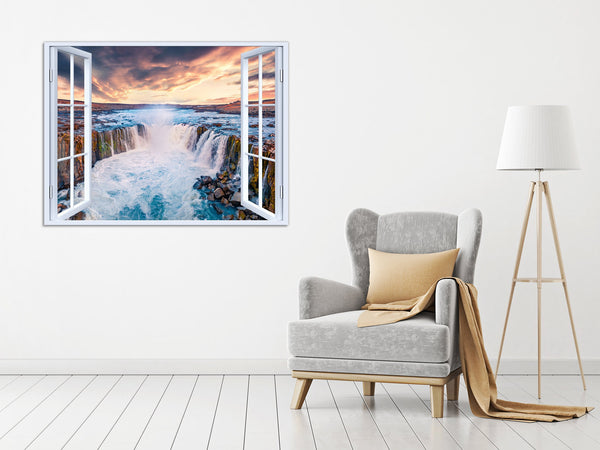 Quadro Finestra paesaggio cascate tramonto 100x75 cm Stampa su Tela con Telaio in Legno Arredamento Arte Arredo Moderno - Made in Italy