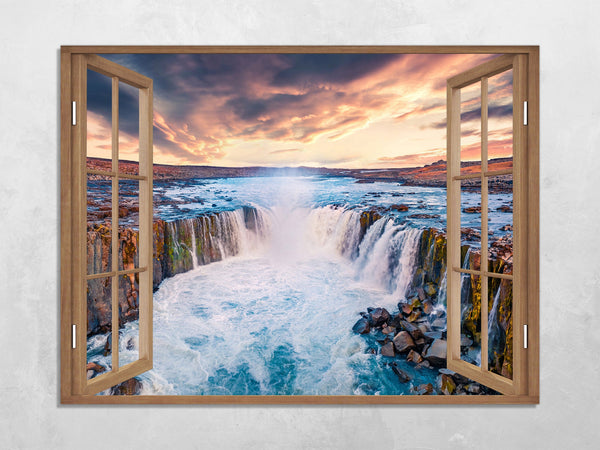 Quadro Finestra paesaggio cascate tramonto 100x75 cm Stampa su Tela con Telaio in Legno Arredamento Arte Arredo Moderno - Made in Italy