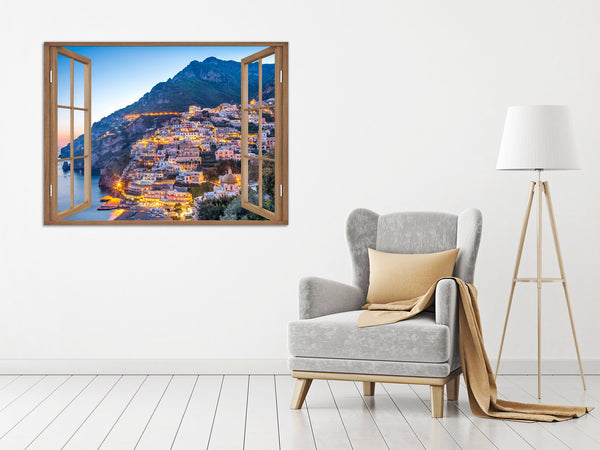 Quadro Finestra Costiera Amalfitana 100x75 cm Stampa su Tela con Telaio in Legno Arredamento Arte Arredo Moderno - Made in Italy