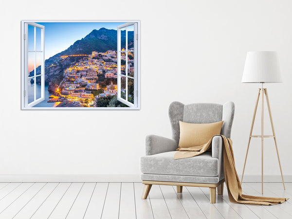 Quadro Finestra Costiera Amalfitana 100x75 cm Stampa su Tela con Telaio in Legno Arredamento Arte Arredo Moderno - Made in Italy