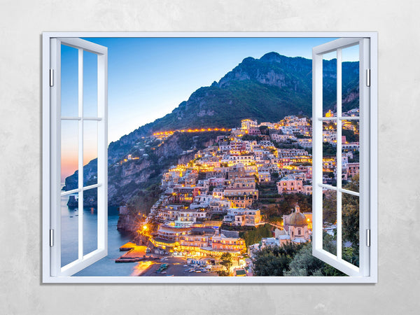 Quadro Finestra Costiera Amalfitana 100x75 cm Stampa su Tela con Telaio in Legno Arredamento Arte Arredo Moderno - Made in Italy