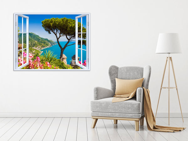 Quadro Finestra Costiera Amalfitana 100x75 cm Stampa su Tela con Telaio in Legno Arredamento Arte Arredo Moderno - Made in Italy