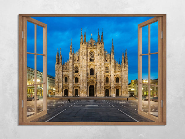 Quadro Finestra milano duomo 100x75 cm Stampa su Tela con Telaio in Legno Arredamento Arte Arredo Moderno - Made in Italy