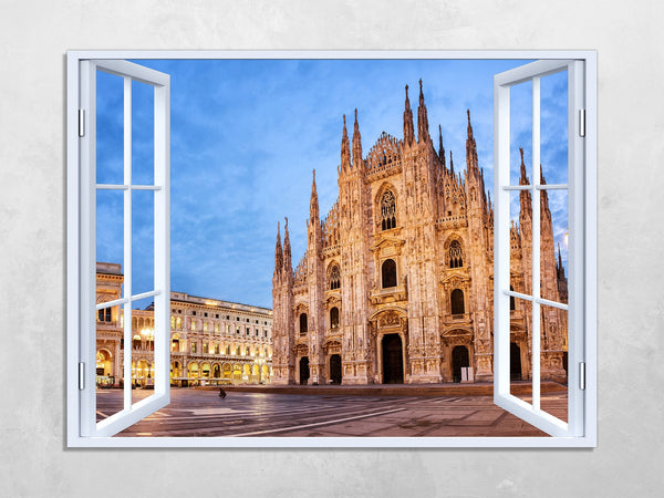 Quadro Finestra milano duomo 100x75 cm Stampa su Tela con Telaio in Legno Arredamento Arte Arredo Moderno - Made in Italy