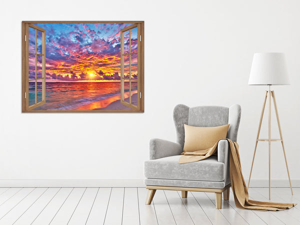 Quadro Finestra mare spiaggia tramonmto 100x75 cm Stampa su Tela con Telaio in Legno Arredamento Arte Arredo Moderno - Made in Italy