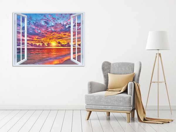Quadro Finestra mare spiaggia tramonmto 100x75 cm Stampa su Tela con Telaio in Legno Arredamento Arte Arredo Moderno - Made in Italy