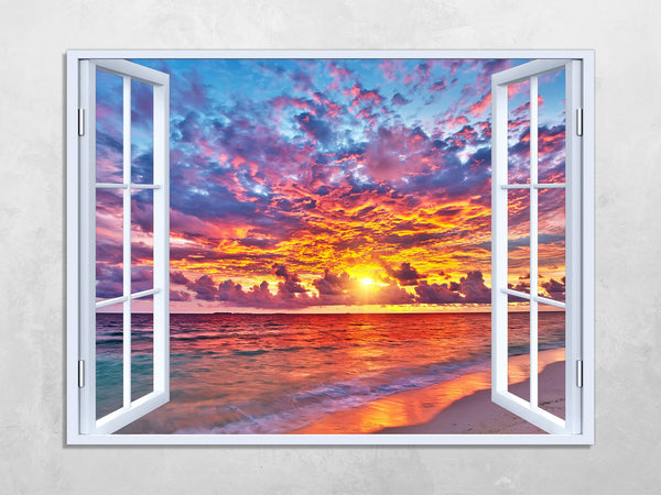 Quadro Finestra mare spiaggia tramonmto 100x75 cm Stampa su Tela con Telaio in Legno Arredamento Arte Arredo Moderno - Made in Italy