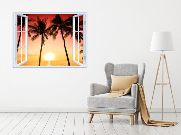 Quadro Finestra tramonto isola tropicale 100x75 cm Stampa su Tela con Telaio in Legno Arredamento Arte Arredo Moderno - Made in Italy