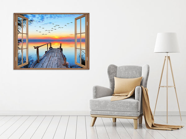 Quadro Finestra tramonto pontile 100x75 cm Stampa su Tela con Telaio in Legno Arredamento Arte Arredo Moderno - Made in Italy