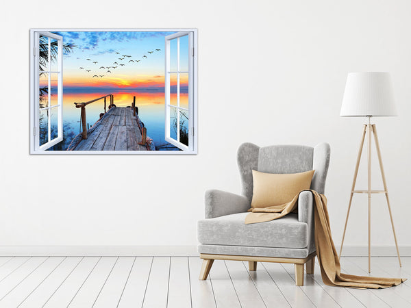 Quadro Finestra tramonto pontile 100x75 cm Stampa su Tela con Telaio in Legno Arredamento Arte Arredo Moderno - Made in Italy
