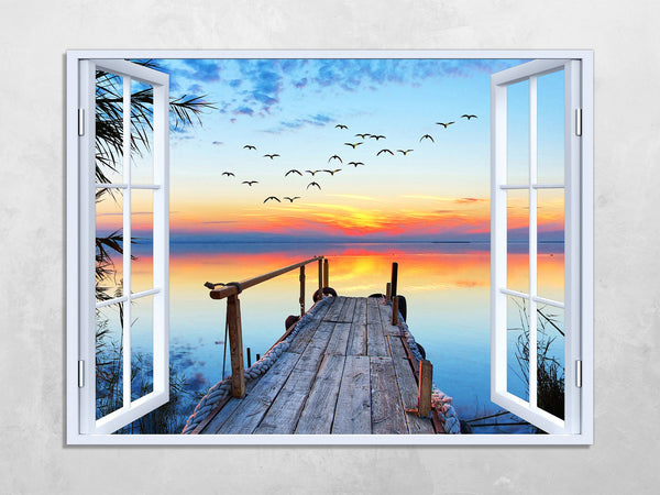 Quadro Finestra tramonto pontile 100x75 cm Stampa su Tela con Telaio in Legno Arredamento Arte Arredo Moderno - Made in Italy