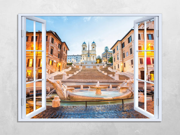 Quadro Finestra roma 100x75 cm Stampa su Tela con Telaio in Legno Arredamento Arte Arredo Moderno - Made in Italy