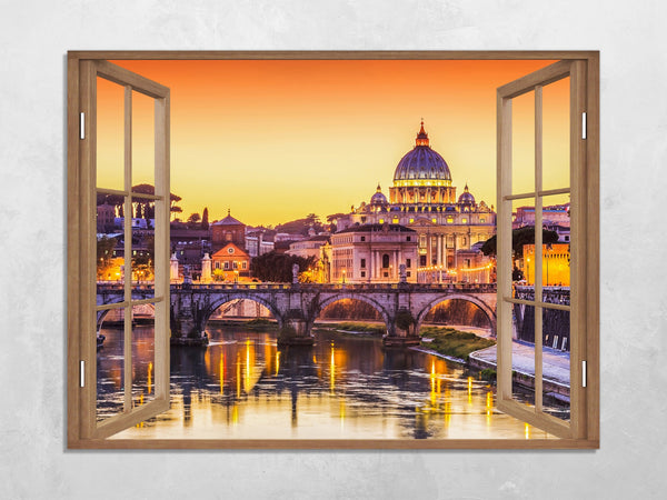 Quadro Finestra roma 100x75 cm Stampa su Tela con Telaio in Legno Arredamento Arte Arredo Moderno - Made in Italy