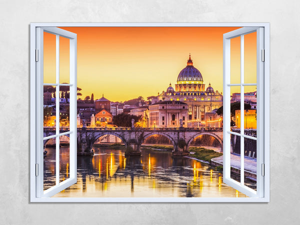 Quadro Finestra roma 100x75 cm Stampa su Tela con Telaio in Legno Arredamento Arte Arredo Moderno - Made in Italy