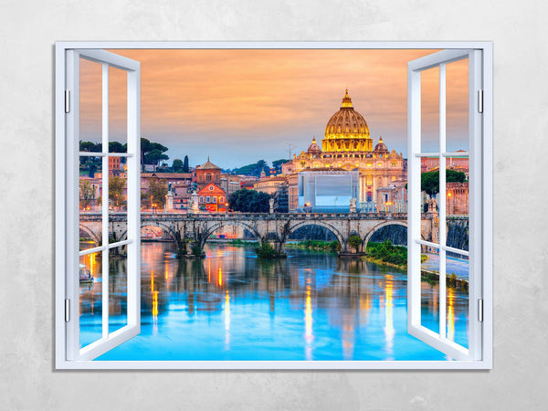 Quadro Finestra roma 100x75 cm Stampa su Tela con Telaio in Legno Arredamento Arte Arredo Moderno - Made in Italy