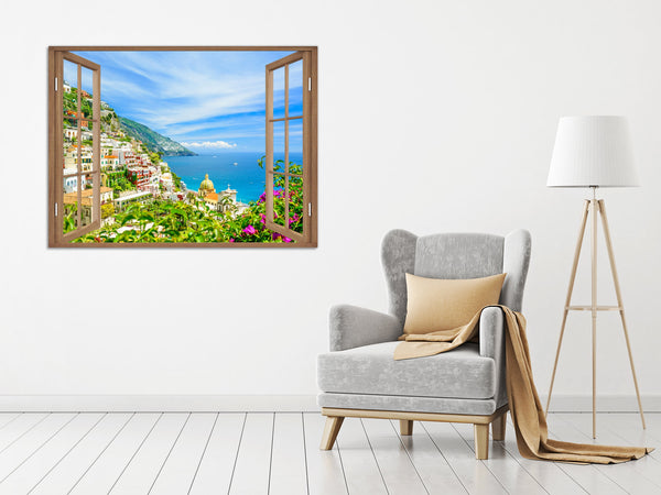 Quadro Finestra Costiera Amalfitana 100x75 cm Stampa su Tela con Telaio in Legno Arredamento Arte Arredo Moderno - Made in Italy