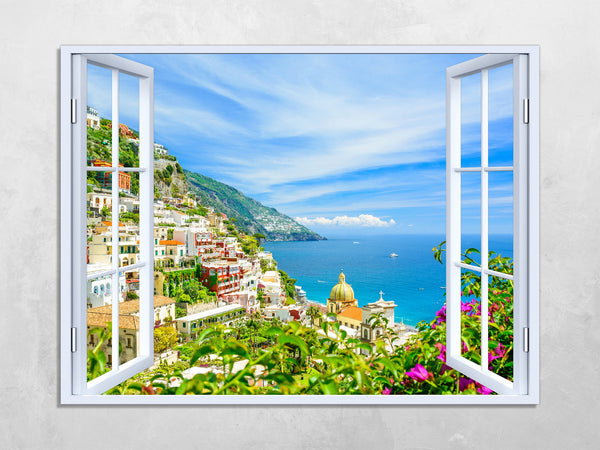 Quadro Finestra Costiera Amalfitana 100x75 cm Stampa su Tela con Telaio in Legno Arredamento Arte Arredo Moderno - Made in Italy