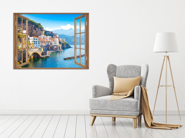 Quadro Finestra Costiera Amalfitana 100x75 cm Stampa su Tela con Telaio in Legno Arredamento Arte Arredo Moderno - Made in Italy