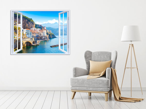Quadro Finestra Costiera Amalfitana 100x75 cm Stampa su Tela con Telaio in Legno Arredamento Arte Arredo Moderno - Made in Italy