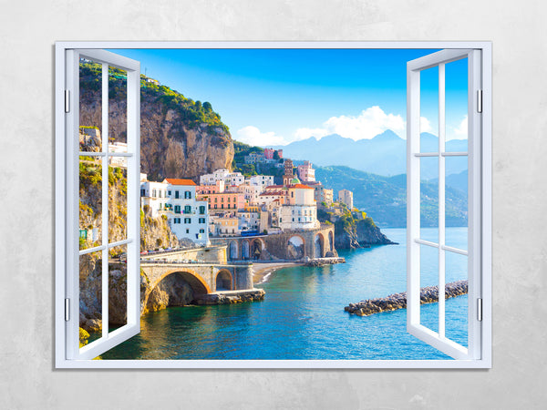 Quadro Finestra Costiera Amalfitana 100x75 cm Stampa su Tela con Telaio in Legno Arredamento Arte Arredo Moderno - Made in Italy