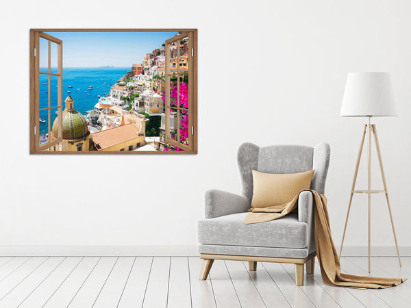 Quadro Finestra Costiera Amalfitana 100x75 cm Stampa su Tela con Telaio in Legno Arredamento Arte Arredo Moderno - Made in Italy