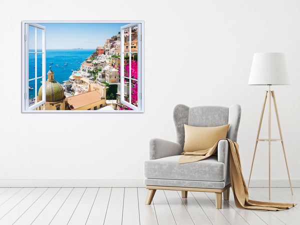 Quadro Finestra Costiera Amalfitana 100x75 cm Stampa su Tela con Telaio in Legno Arredamento Arte Arredo Moderno - Made in Italy