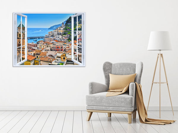 Quadro Finestra Costiera Amalfitana 100x75 cm Stampa su Tela con Telaio in Legno Arredamento Arte Arredo Moderno - Made in Italy