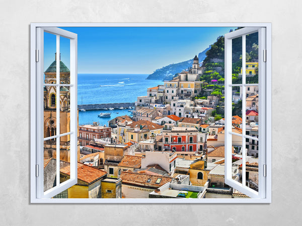 Quadro Finestra Costiera Amalfitana 100x75 cm Stampa su Tela con Telaio in Legno Arredamento Arte Arredo Moderno - Made in Italy