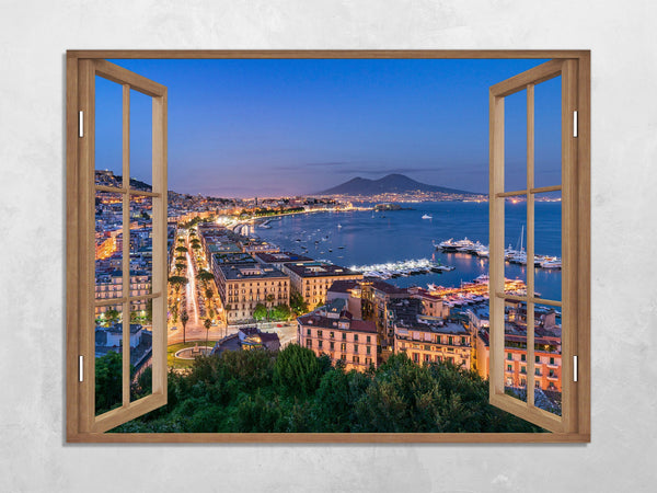Quadro Finestra napoli vesuvio 100x75 cm Stampa su Tela con Telaio in Legno Arredamento Arte Arredo Moderno - Made in Italy