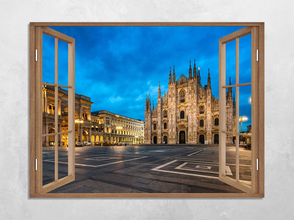 Quadro Finestra milano duomo 100x75 cm Stampa su Tela con Telaio in Legno Arredamento Arte Arredo Moderno - Made in Italy