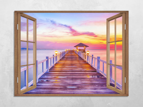 Quadro Finestra tramonto mare 100x75 cm Stampa su Tela con Telaio in Legno Arredamento Arte Arredo Moderno - Made in Italy
