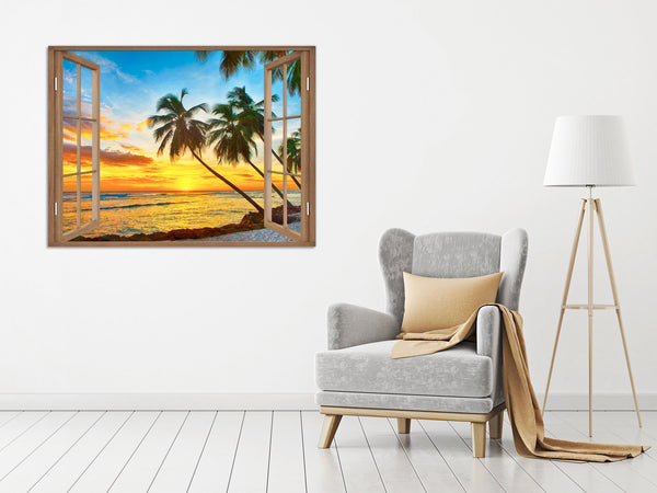 Quadro Finestra isola tropicale tramonto 100x75 cm Stampa su Tela con Telaio in Legno Arredamento Arte Arredo Moderno - Made in Italy