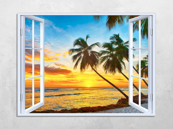 Quadro Finestra isola tropicale tramonto 100x75 cm Stampa su Tela con Telaio in Legno Arredamento Arte Arredo Moderno - Made in Italy