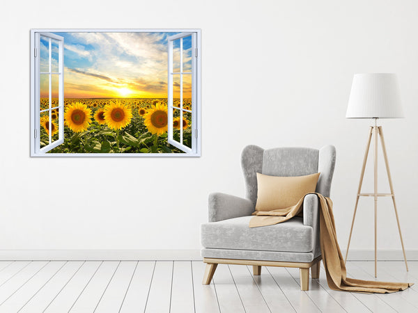 Quadro Finestra campo di girasoli 100x75 cm Stampa su Tela con Telaio in Legno Arredamento Arte Arredo Moderno - Made in Italy