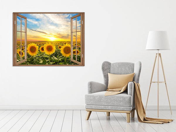 Quadro Finestra campo di girasoli 100x75 cm Stampa su Tela con Telaio in Legno Arredamento Arte Arredo Moderno - Made in Italy