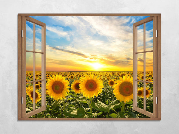 Quadro Finestra campo di girasoli 100x75 cm Stampa su Tela con Telaio in Legno Arredamento Arte Arredo Moderno - Made in Italy