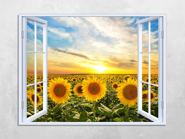 Quadro Finestra campo di girasoli 100x75 cm Stampa su Tela con Telaio in Legno Arredamento Arte Arredo Moderno - Made in Italy