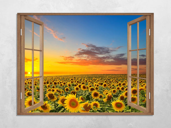 Quadro Finestra campo di girasoli 100x75 cm Stampa su Tela con Telaio in Legno Arredamento Arte Arredo Moderno - Made in Italy