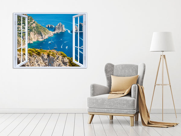 Quadro Finestra capri 100x75 cm Stampa su Tela con Telaio in Legno Arredamento Arte Arredo Moderno - Made in Italy