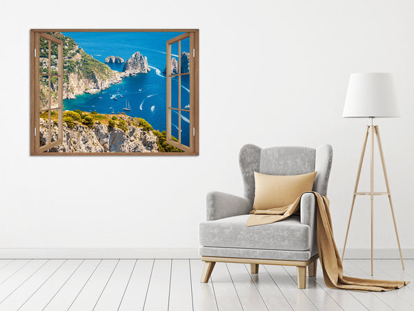 Quadro Finestra capri 100x75 cm Stampa su Tela con Telaio in Legno Arredamento Arte Arredo Moderno - Made in Italy