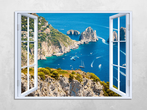 Quadro Finestra capri 100x75 cm Stampa su Tela con Telaio in Legno Arredamento Arte Arredo Moderno - Made in Italy