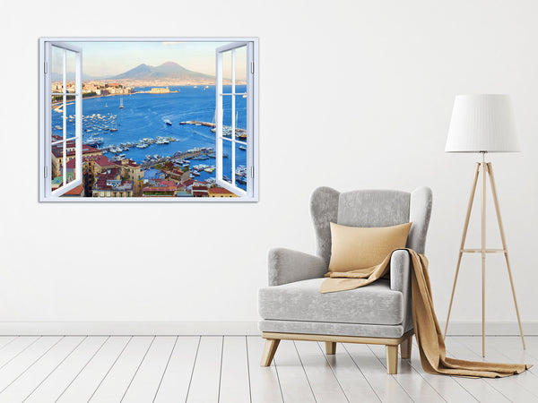 Quadro Finestra golfo di napoli vesuvio 100x75 cm Stampa su Tela con Telaio in Legno Arredamento Arte Arredo Moderno - Made in Italy