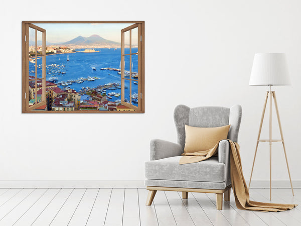 Quadro Finestra golfo di napoli vesuvio 100x75 cm Stampa su Tela con Telaio in Legno Arredamento Arte Arredo Moderno - Made in Italy